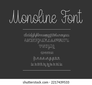 Monoline Script Font. Handgeschriebenes englisches Alphabet. Lineare Buchstaben und Zahlen. Moderne kalligraphische Schrift.	