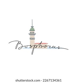 Monoline script lettering, hand drawn text Bosphorus with Maiden's Tower, Turkish Kız Kulesi, Leander on a small islet at entrance of the Bosphorus Uskudar municipality of Istanbul, Turkey.