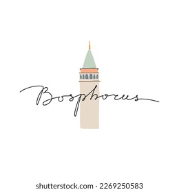 Monoline script lettering, hand drawn text Bosphorus with Galata tower