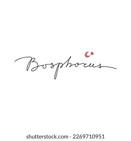 Monoline script lettering, hand drawn text Bosphorus with turkish flag