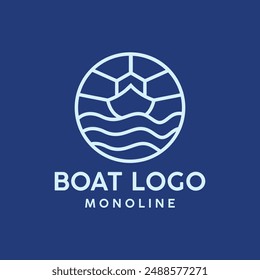 Monoline Ship Boat Logo Vector, Sea Ocean Emblem Icon Symbol, Sailboat Creative Vintage Graphic Design