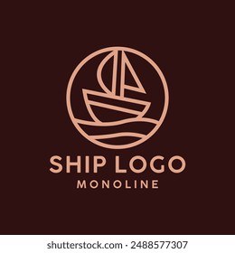 Monoline Ship Boat Logo Vector, Sea Ocean Emblem Icon Symbol, Sailboat Creative Vintage Graphic Design