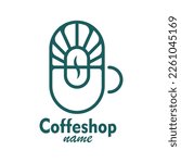 monoline style logo combination of cup, coffee bean and sun-like shape