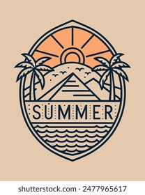 Monoline summer view vintage and retro with coconut and sea for your Tshirt design or community