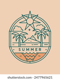 Monoline summer view vintage and retro with coconut and sea for your Tshirt design or community