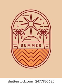 Monoline summer view vintage and retro with coconut and sea for your Tshirt design or community