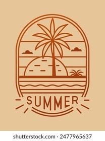 Monoline summer view vintage and retro with coconut and sea for your Tshirt design or community