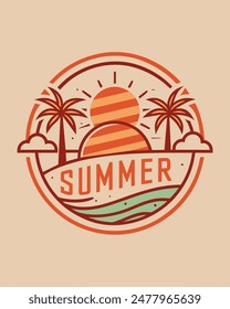 Monoline summer view vintage and retro with coconut and sea for your Tshirt design or community