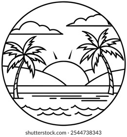 Monoline summer view vintage and retro with coconut and sea for your T-shirts design or community