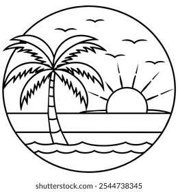 Monoline summer view vintage and retro with coconut and sea for your T-shirts design or community