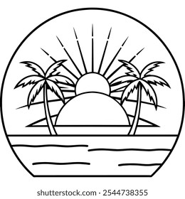 Monoline summer view vintage and retro with coconut and sea for your T-shirts design or community