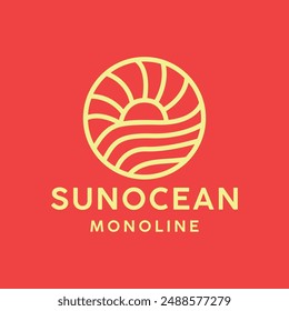 Monoline Sun Ocean Logo Vector, Sea Wave Emblem Icon Symbol, Sunrise Creative Vintage Graphic Design