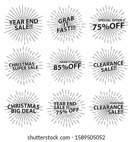 monoline sunburst words and year end sale in white background