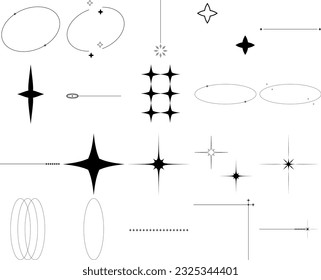 Monoline trendy retro abstract sun ray circles flower arch pattern frames sparkle minimal elements