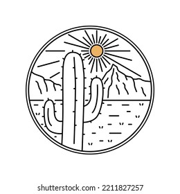 Vector de monolina del desierto de Cactus camping naturaleza aventura de línea silvestre bando parche pin gráfico ilustración vectorial arte diseño camiseta