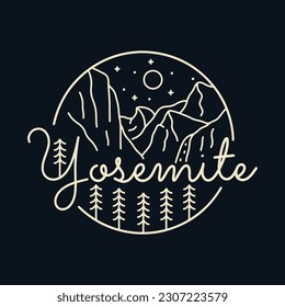 Monoline vector design of Yosemite National Park for badge t shirt design