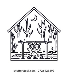 Monoline Vektorgrafik des Campings am Strand mit einem Feuer, Kochtopf und Naturelementen eingerahmt in einer Hausform. Ein minimalistisches schwarz-weißes Kunstabzeichen, das sich für Abenteuerlogos, Sommerreisesymbole und grafische Designs für den Außentourismus eignet.