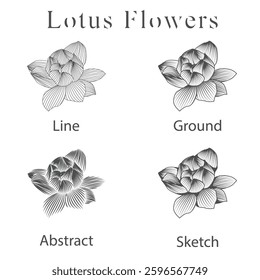 	
monoline vector illustration lotus flower sketch negative space.