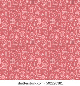 Monoline vector seamless pattern with new year and christmas symbols.