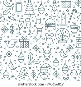 Mono-line vector seamless pattern with new year and christmas symbols.