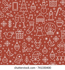 Mono-line vector seamless pattern with new year and christmas symbols.