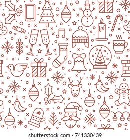 Mono-line vector seamless pattern with new year and christmas symbols.