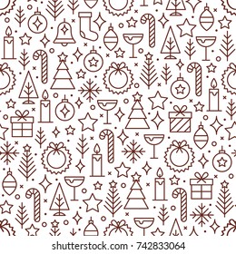 Mono-line vector seamless pattern with new year and christmas symbols.