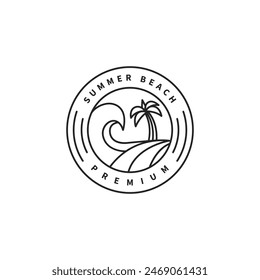 monoline water wave and palm tree illustration for summer beach stamp logo design