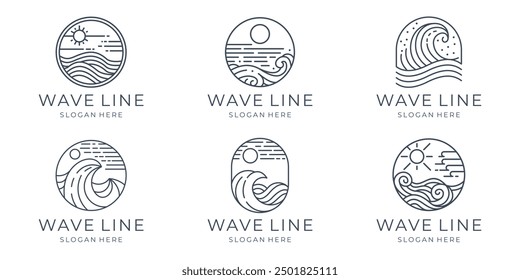 Monoline Wave Logo Plantilla, Ocean Sea Wave Logo Plantilla de diseño de conjunto minimalista.