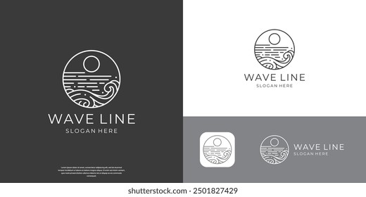 monoline wave ocean sun beach simple line art logo template.