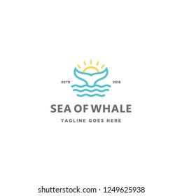 monoline waves, whale tail and sun logo icon vector inspiration