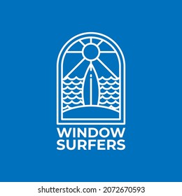 Monoline Window Surfing Board with Sunset in the Ocean Logo