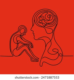 Monolines of a person and body parts. Psychological portrait abstraction vector illustration. Mental health. Human think.