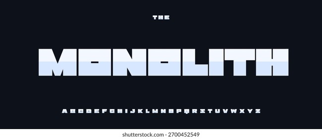 Monolith Heavy Font, Quadratisches geometrisches Alphabet, Stahl Metallic Typ für Sport Techno Industrial Digital Tech Logo und Überschrift. Starkes typografisches Design. Rechteckige Schriftarten fett. Vektortypsatz