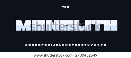 Monolith Heavy Font, Squared Geometric Alphabet, Steel Metallic Type for Sport Techno Industrial Digital Tech Logo and Headline. Strong Typographic Design. Fat Rectangular Fonts. Vector Typeset