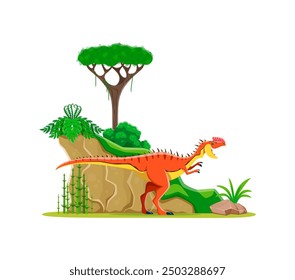 Monolophosaurus cartoon prehistoric dinosaur. Vector colorful dino, roaring carnivorous ancient reptile predator in a lush, vibrant tropical landscape with a tree, green shrubs, rock and ferns