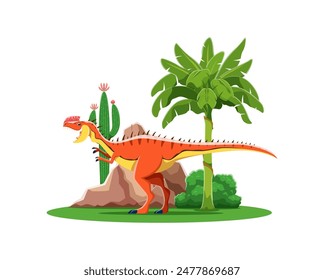 Monolophosaurus prehistoric cartoon dinosaur. Vector colorful dino predator in a lush, vibrant tropical landscape with banana tree, green bush, rock and cactus. Roaring carnivorous ancient reptile