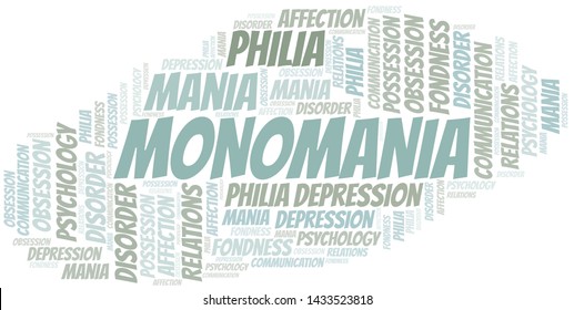 Monomania word cloud. Type of mania, made with text only.