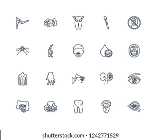 Mononucleosis, Measles, Hypothyroid, M??ni??re's disease, Osteoarthritis, Periodontal Iron-deficiency anemia, Multiple sclerosis outline vector icons from 20 set