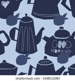 monophonic teapot pattern vector illustration. Green, red, yelow, blue, violet teapots. Cute multicolor dishes. drawn teapot and cup allpaper.