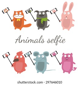 Monopod Selfie with cartoon animals .Vector