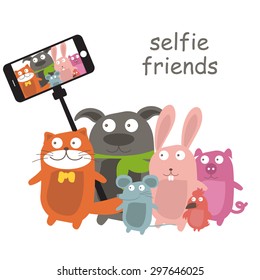 Monopod Selfie with cartoon animals .Vector