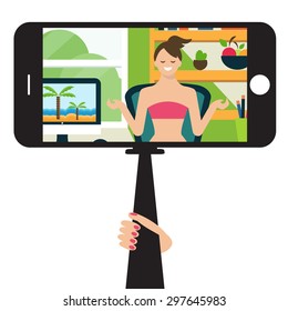 Monopod Selfie with cartoon woman .Vector