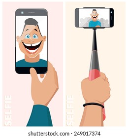 Homem Selfie Monopé. Ferramenta de auto-retrato para smartphone. Conjunto de ilustrações vetoriais