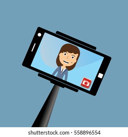 Monopod Selfie man. Self Portrait Tool For Smartphone. Vector Illustration 