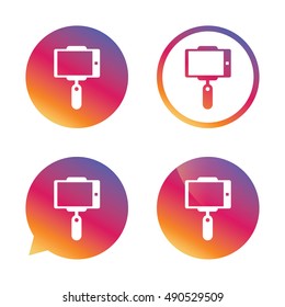 Monopod selfie stick icon. Self portrait tool. Gradient buttons with flat icon. Speech bubble sign. Vector