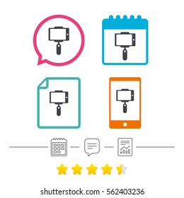 Monopod selfie stick icon. Self portrait tool. Calendar, chat speech bubble and report linear icons. Star vote ranking. Vector