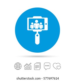 Monopod selfie stick icon. Self portrait with group of people. Copy files, chat speech bubble and chart web icons. Vector