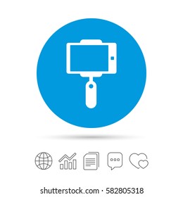 Monopod selfie stick icon. Self portrait tool. Copy files, chat speech bubble and chart web icons. Vector