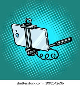 monopod with smartphone, gadgets and technician. Comic book cartoon pop art retro illustration